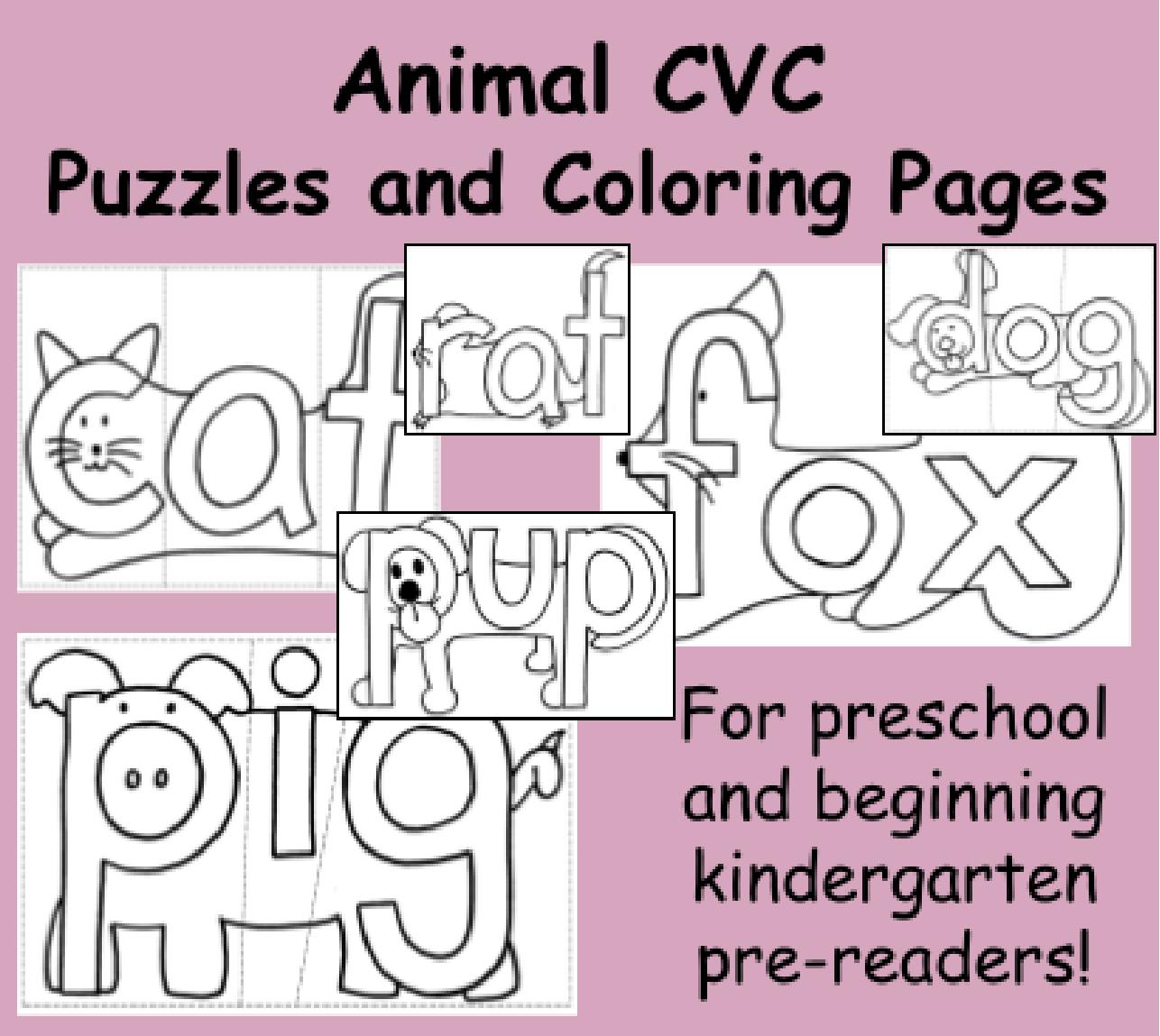 Preview of beginning CVC animal words in color pages and printable puzzles